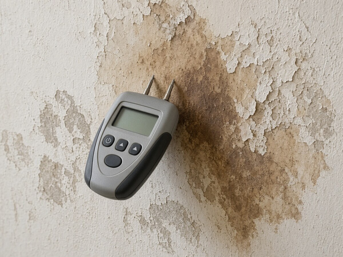 AI-generated illustration - Taking moisture readings on a damp wall, not a photo of an EYR job