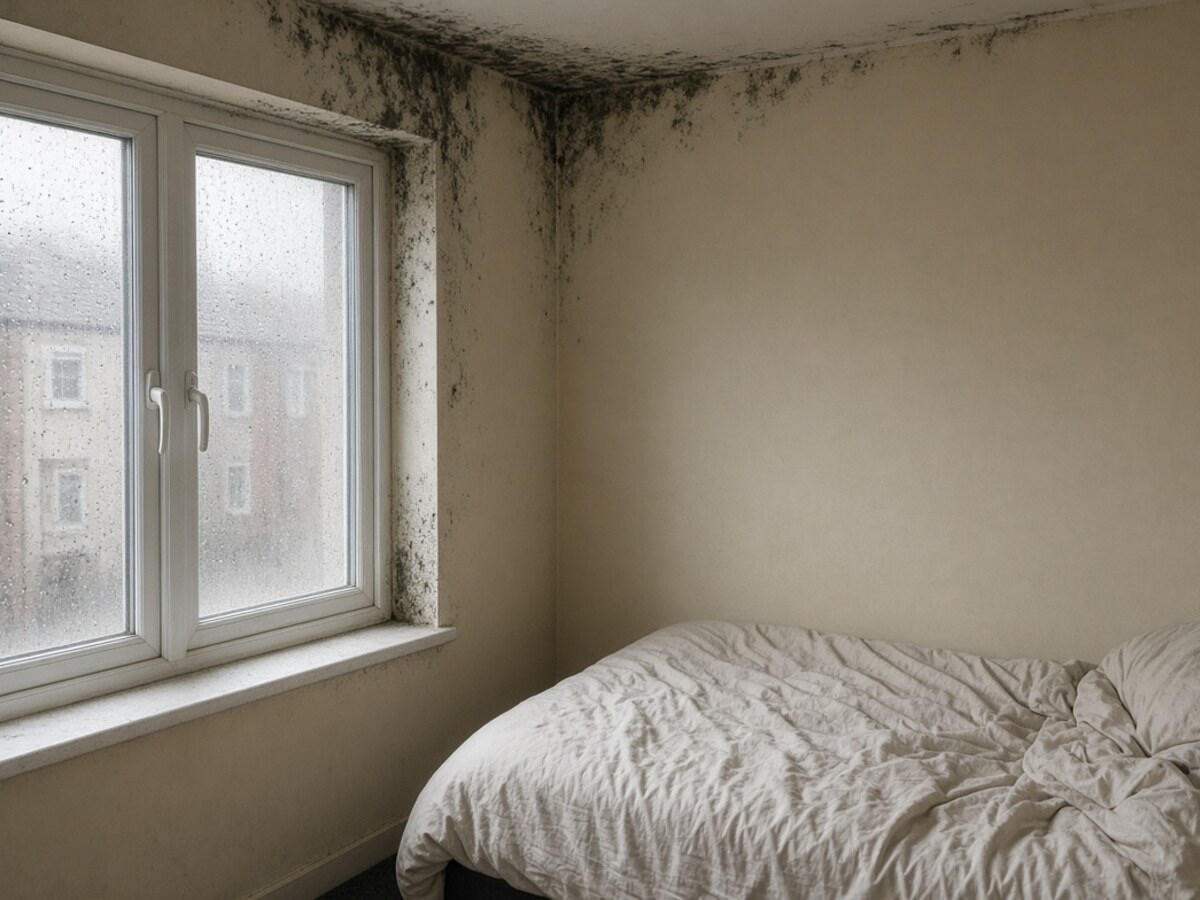 AI-generated illustration - Before: mould reported by tenant, not a photo of an EYR job