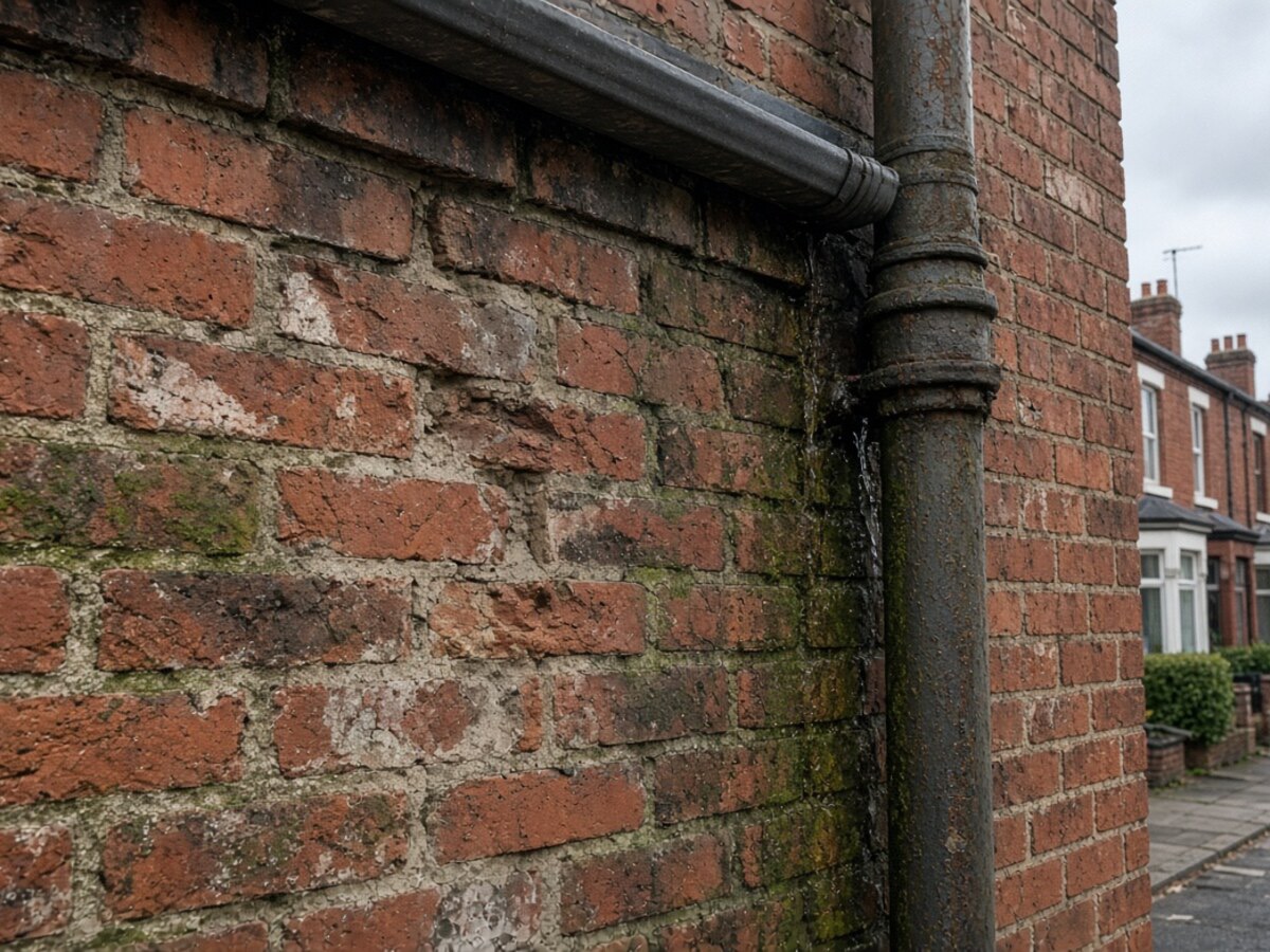 AI-generated illustration - Before: damp patch from failed pointing, not a photo of an EYR job