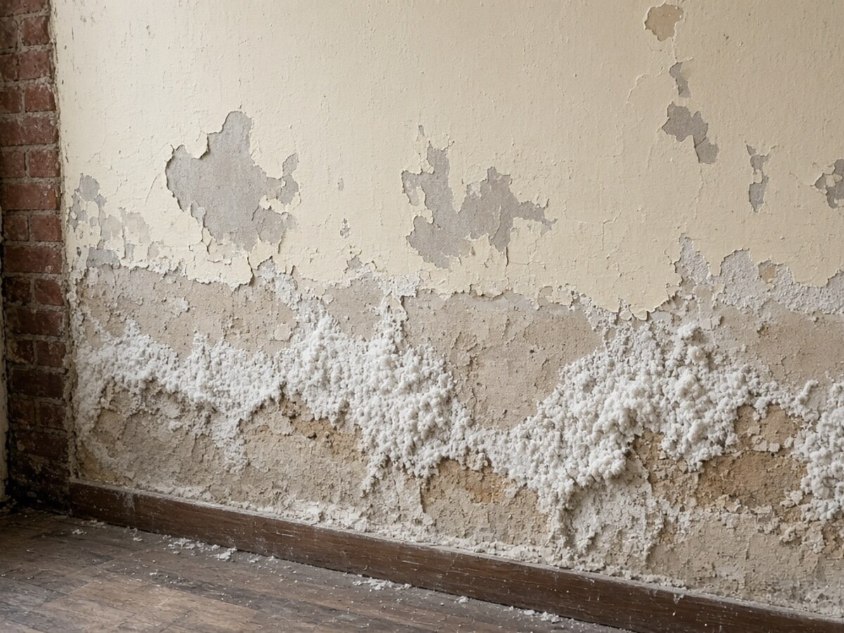 AI-generated illustration - Before: rising damp tide mark and salts, not a photo of an EYR job