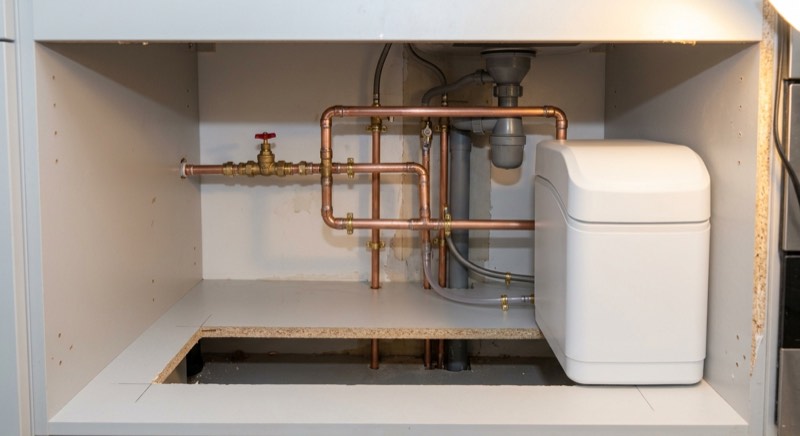 AI-generated illustrative example: neatly finished water softener installation