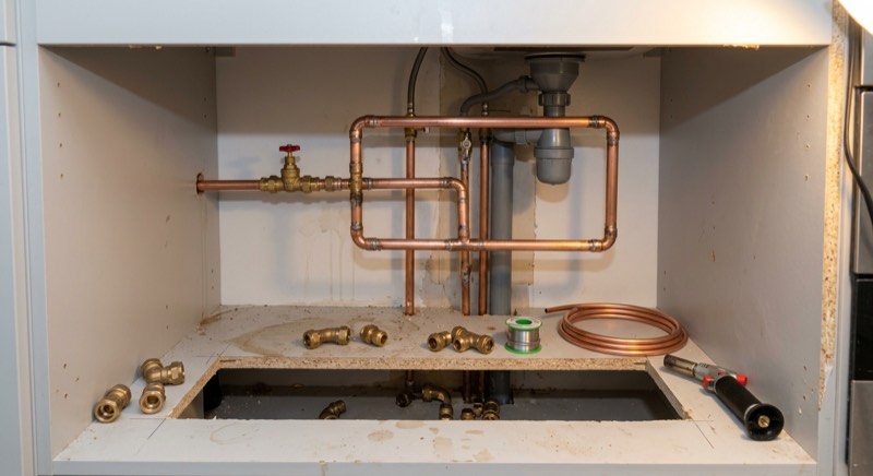AI-generated illustrative example: bare pipework under a kitchen sink before installation