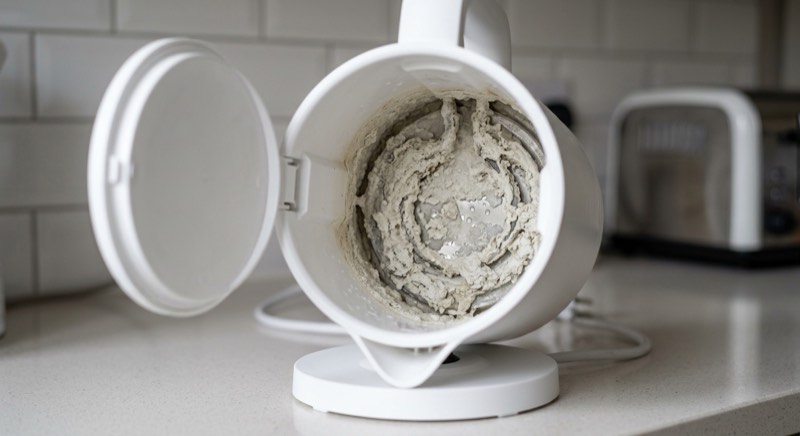AI-generated illustrative example: kettle interior with heavy limescale build-up