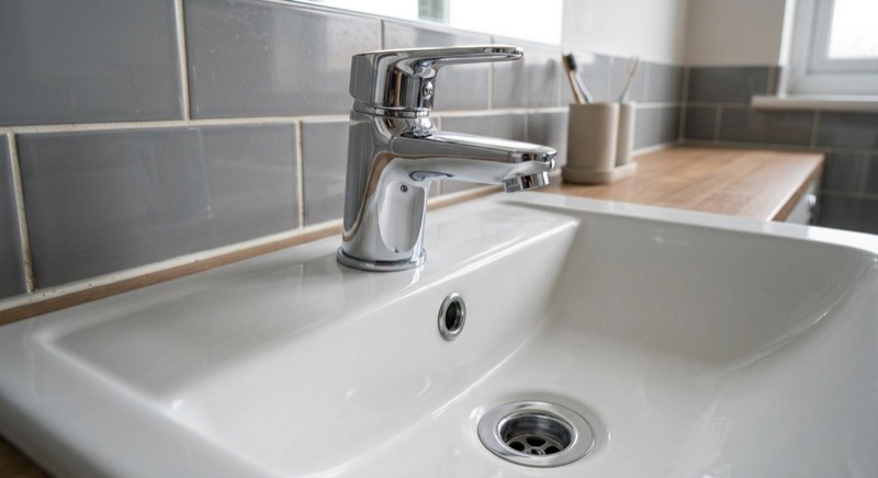 AI-generated illustrative example: clean bathroom basin and tap