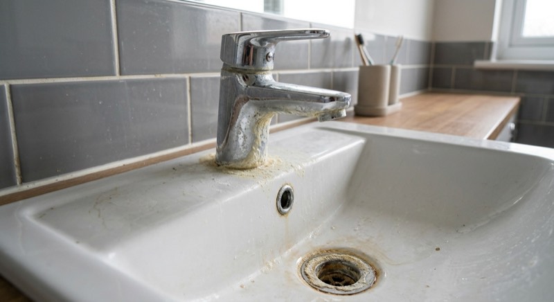 AI-generated illustrative example: bathroom basin and tap with heavy limescale build-up