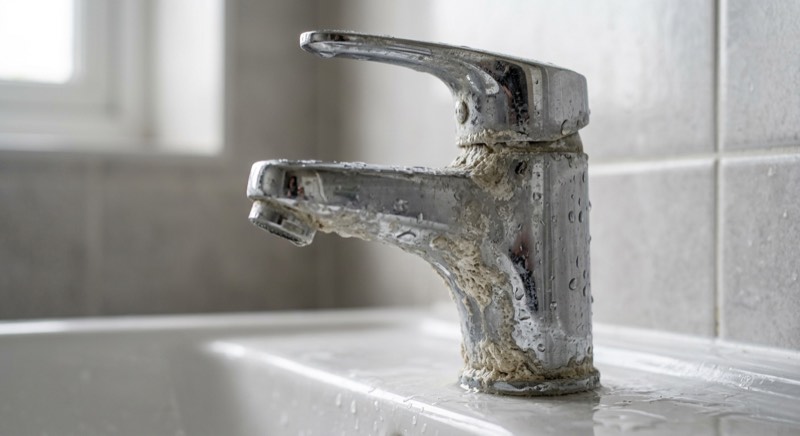 AI-generated illustrative example: bathroom tap covered in limescale
