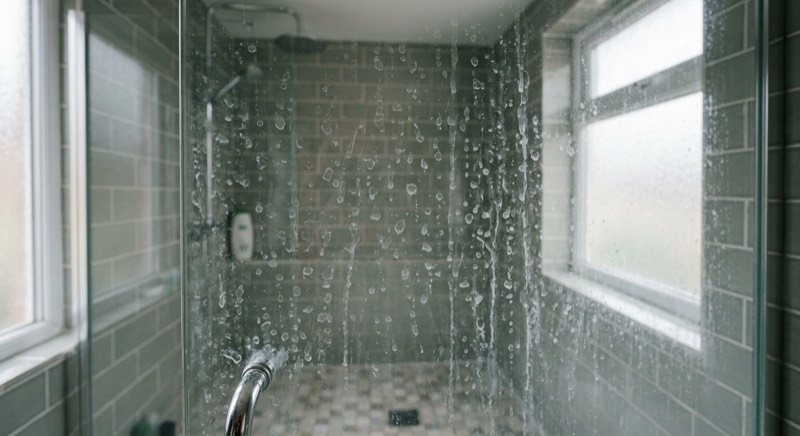AI-generated illustrative example: shower screen covered in limescale water spots